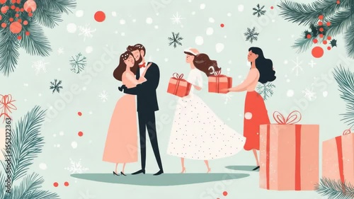 Couple Celebrating Christmas with Gifts - A heartwarming illustration of a couple embracing amidst a snowy Christmas scene, with another woman carrying a gift and large presents in the foreground.