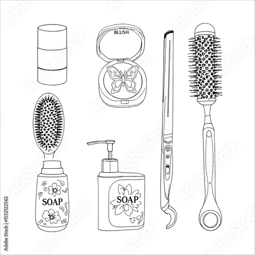 Beauty Essentials Silhouette Vector Set – Blush Compact, Hair Tools, and Soap Bottles in Minimal Style
