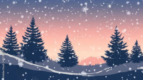 Winter Wonderland Snowfall Sunset - Silhouetted pine trees stand on a snow-covered hillside against a breathtaking sunset sky. Gentle snowfall adds to the serene and magical winter atmosphere.