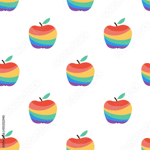 Rainbow apple patternCute pattern of rainbow-coloured apples on white background. Perfect for fabric, textile, wrapping paper, educational, nutrition, Pride Month, equality-related designs.