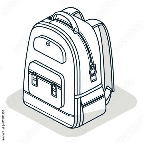 Isometric outline of a classic backpack features dual straps and a front pocket