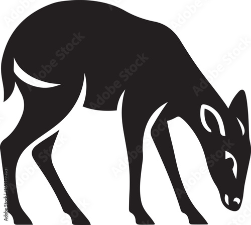 Grazing deer silhouette black and white, Forest herbivore in calm pose illustration