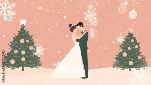 Romantic Christmas Wedding Couple - A stylized illustration of a bride and groom embracing amidst a gentle snowfall, with decorated Christmas trees and ornaments in the background.