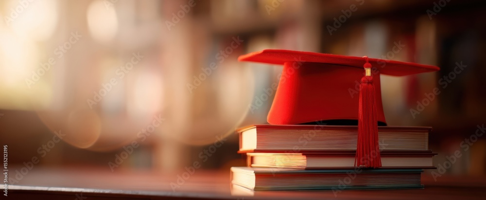 Obraz premium The Red Graduation Cap Placed on Top of Books in a Library Setting