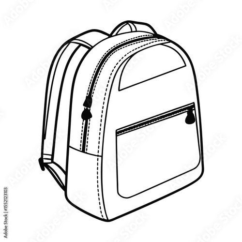 Monochrome outline art highlights a zippered backpack with a front pouch on white