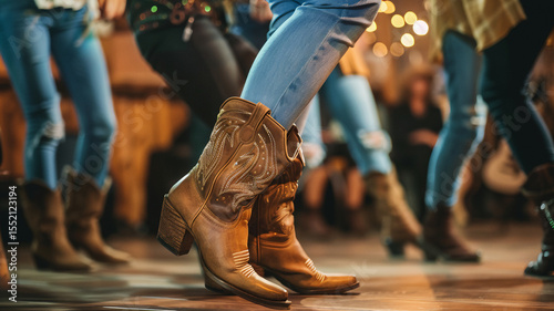 Golden Hour Country Boots:  Women Brown Leather Cowboy Boots at Sunset Dance. Contra Line Dancing Boots silhouette. Country Western Dancing Couple at Sunset. Country bar dancing low angle shot 