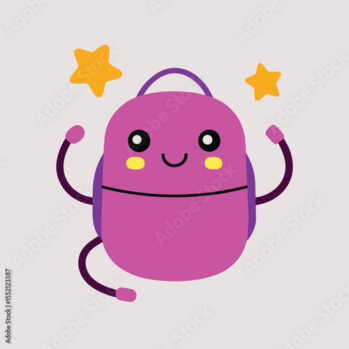 Smiling cartoon backpack with pink body and tentaclelike arms poses cheerfully near stars