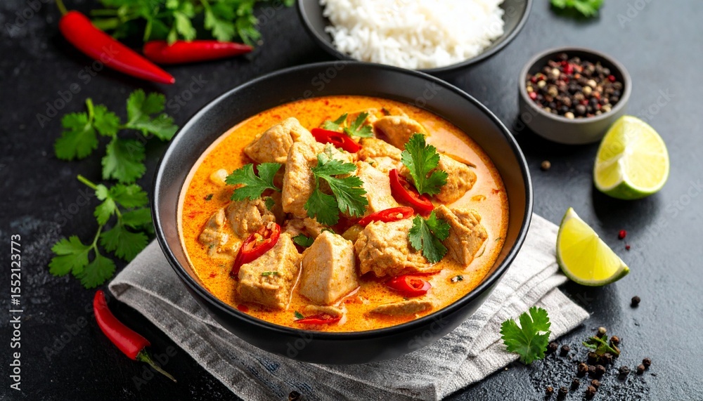 Delicious Creamy Chicken Thai Red Curry with Rice. Delicious Creamy Chicken Thai Red Curry with Rice.