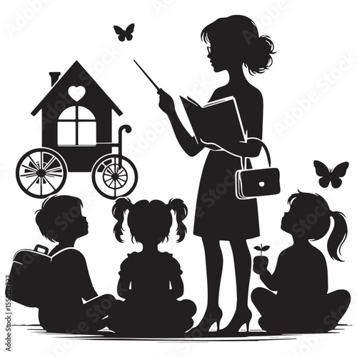 Black Kindergarten teacher with kids Silhouette Vector, High Quality Illustration on White Background