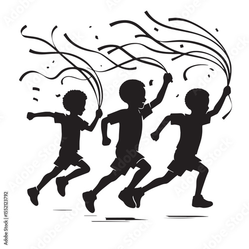 Black Kids running with streamers Silhouette Vector, High Quality Illustration on White Background