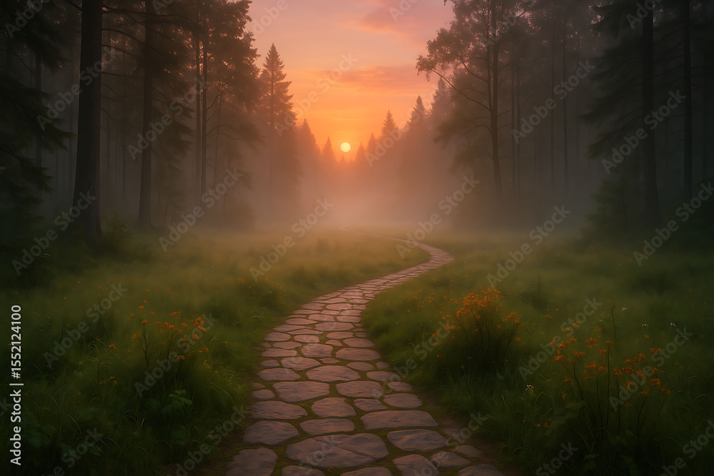 Obraz premium Curved stone path through misty forest at sunset
