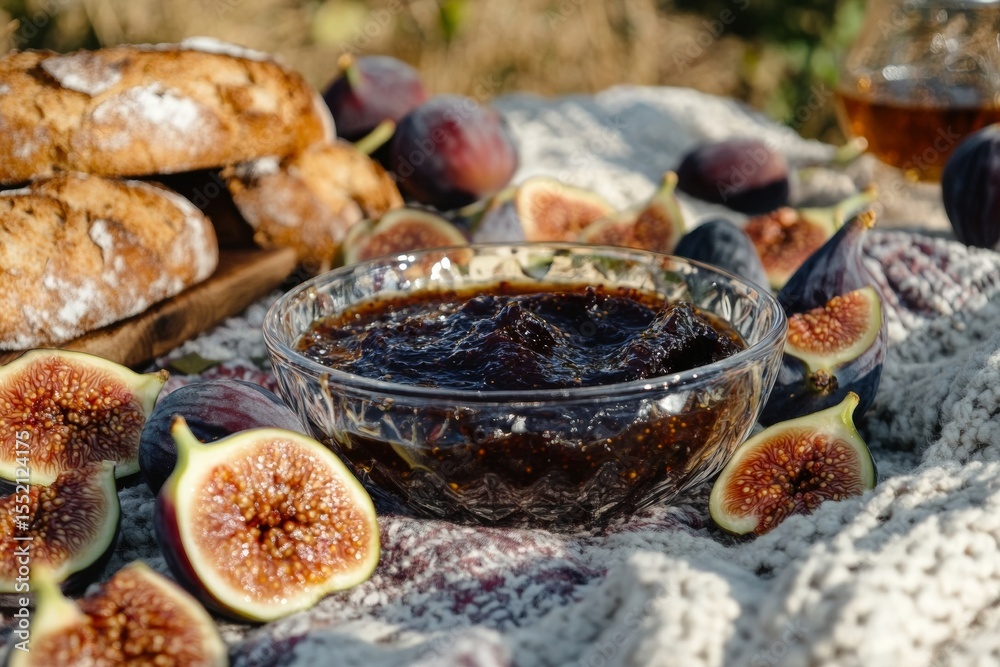Fototapeta premium Delicious fig jam with fresh figs and rustic bread outdoors