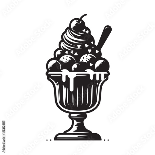 Black Ice Cream Sundae  Silhouette Vector, High Quality Illustration on White Background