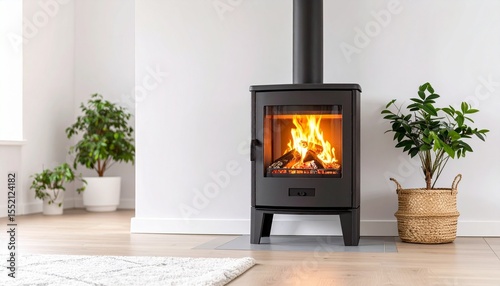 Cozy Modern Living Room with Wood Burning Stove and Plants.