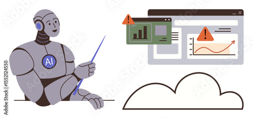 AI robot pointing at analytical dashboards with warning signs, cloud integration. Ideal for artificial intelligence, data analysis, automation, technology, machine learning, cloud computing