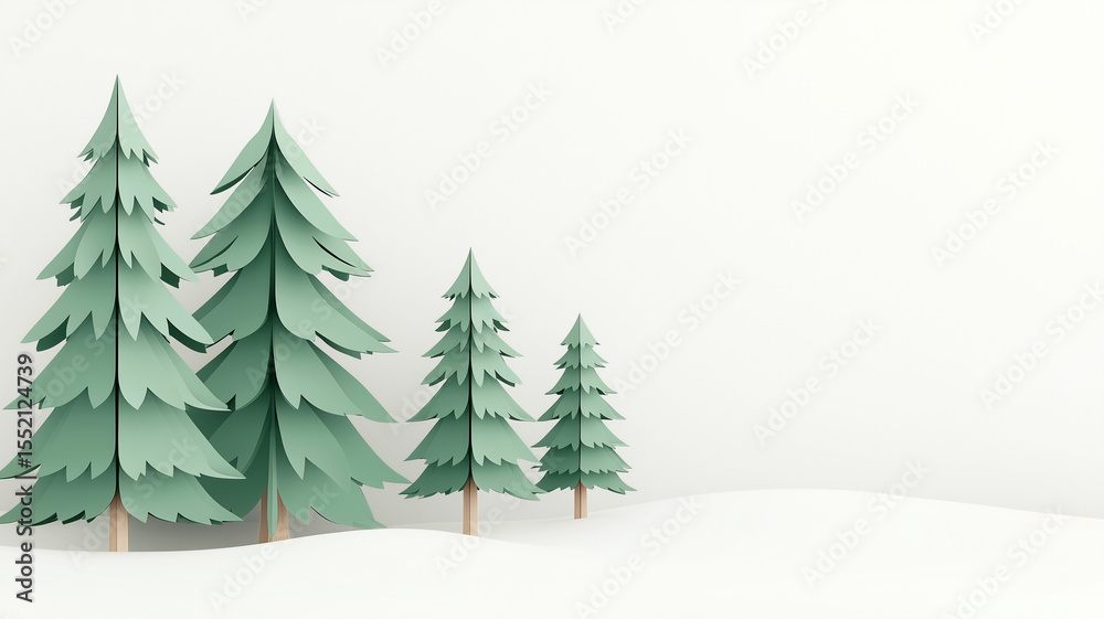 Obraz premium Paper cut fir trees in snowy winter forest, light handcrafted Christmas background with copy space