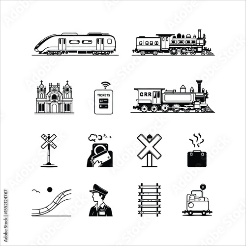 Railway Travel Silhouette Icon Set – Trains, Station, Tracks, and Conductor Elements in Minimal Style