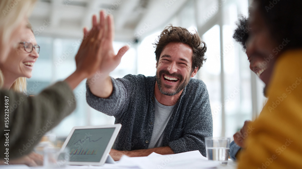 Fototapeta premium Diverse team celebrating success with a high five. A positive, energetic office scene conveying teamwork, achievement, and collaboration. Perfect for business corporate communications.