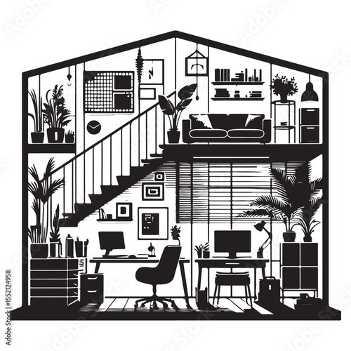 Interior Home Office Layout Illustration - Modern House Section & Workspace Design