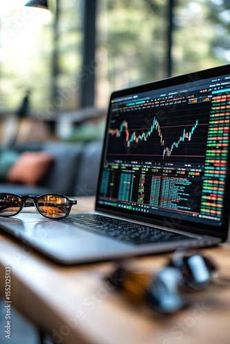 Laptop Displaying Stock Market Data on a Wooden Desk