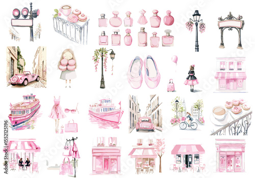 Watercolor illustrations of pink fashion and Parisian elements  