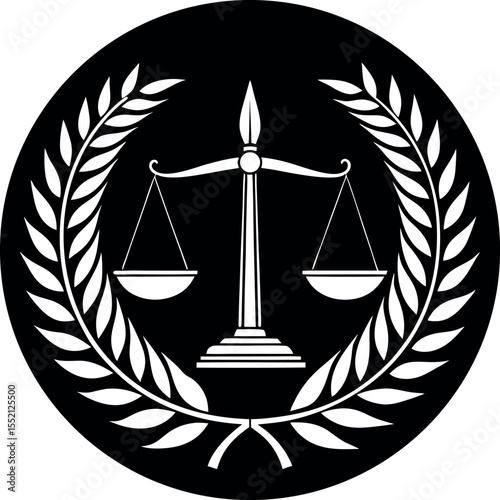 Scales of justice with laurel wreath circle silhouette vector illustration