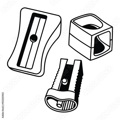 Three manual pencil sharpeners are displayed as black and white outlines on a white background