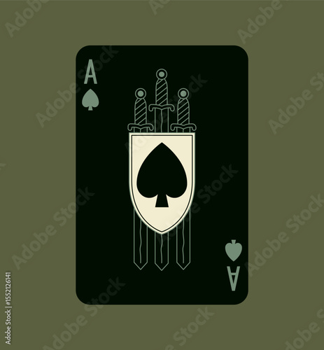 Ace of Spades, playing poker card in black design. Editable stroke lines. Isolated vector illustration. Swords and Shield.