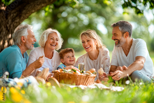 happy family enjoying picnic under tree in park, three generations (grandparents, parents, kids), vibrant summer colors, authentic smiles, natural sunlight