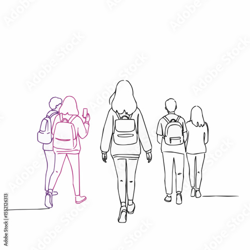 Group of young people walking away with backpacks in lineart style  