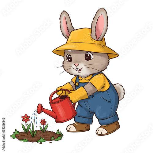 Cute Bunny Gardener Watering Flowers Springtime Illustration on transparent background