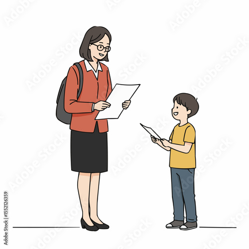Teacher showing assignment paper to smiling boy in classroom  