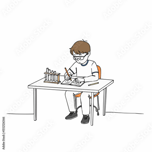 Young boy studying at science table and taking notes with glasses  