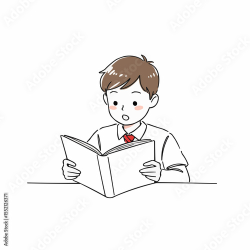 Young boy reading book with surprised expression in classroom  