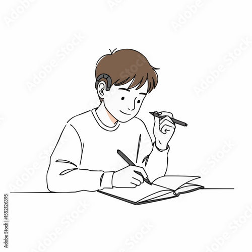 Young boy with hearing device writing in notebook while smiling  