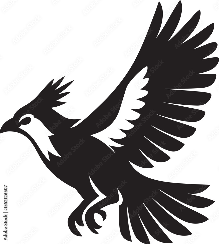 Fototapeta premium Secretary bird in flight bold silhouette, Striking bird of prey black and white art