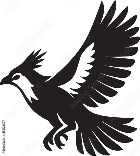 Secretary bird in flight bold silhouette, Striking bird of prey black and white art
