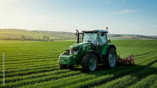 Green tractor in a vast green field cultivating soil, symbolizing modern agriculture and farming progress, video footage.