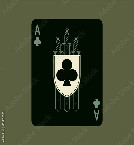 Ace of Clubs, playing poker card in black design. Editable stroke lines. Isolated vector illustration. Swords and Shield.