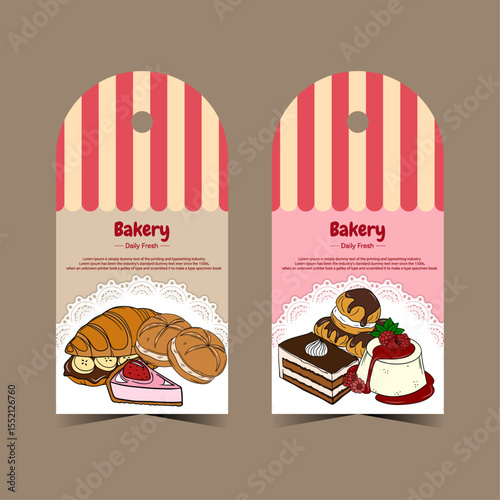 Price tag labels set for bakery shop branding. Dessert, pastries label tag for your business. Front and back bakery card