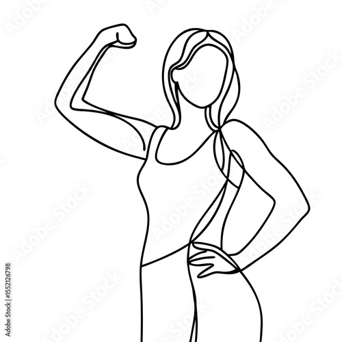 Confident woman pose line art illustration. Strong woman flexes bicep showing fitness and power.  Empowering female character design for gym posters, fitness apparel, and motivational content.