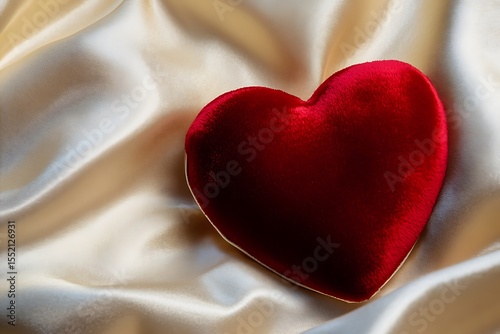 A soft red velvet heart resting on a silky fabric with elegant lighting and shadows.