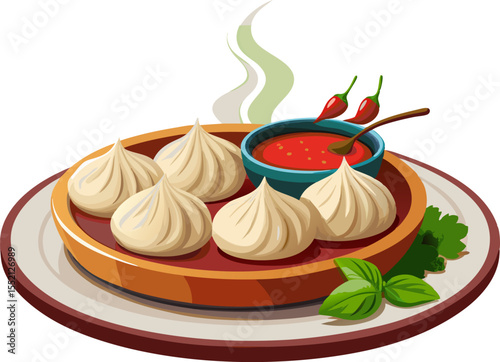 Steaming plate of momos with red chutney, isolated on white background