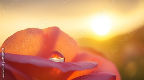 A soft-focus close-up of a single dewdrop resting on a delicate rose petal at sunrise.