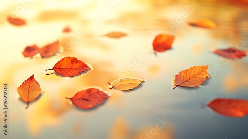 A soft-focus close-up of vibrant autumn leaves floating on a calm lake, reflecting the golden sky.