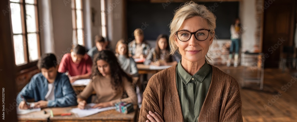 The confident teacher guiding her students in a vibrant classroom setting. The confident teacher guiding her students in a vibrant classroom setting.