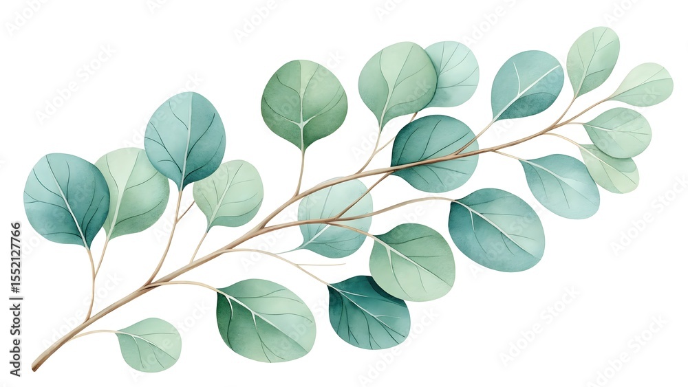Fototapeta premium Delicate Watercolor Eucalyptus Branch with Soft Green and Blue Leaves