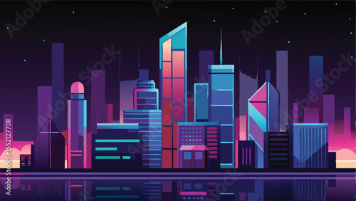 Neon cityscape illustration depicting a modern metropolis reflecting in the water with stars
