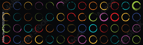 Set of round grunge multicolor circles shapes on a black background. Grunge round shapes. Grunge banner and paint brush stamps, paint brush stock set, colored outline circle 