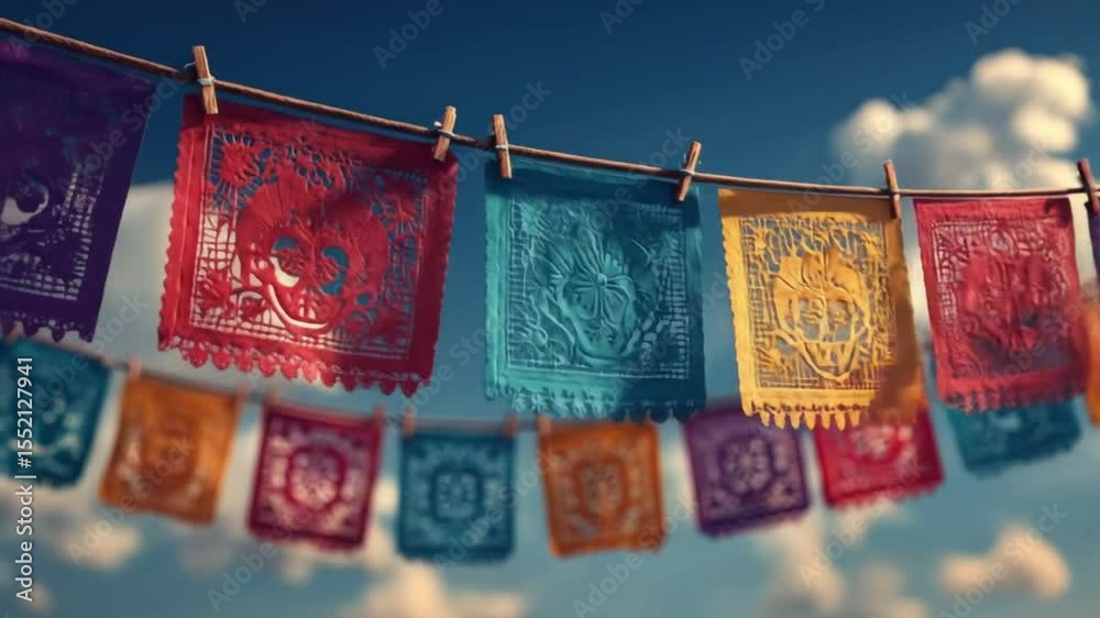 Colourful papel picado banners sway in the wind against the sky. The scene conveys the vibrant atmosphere of a cultural celebration in Mexico.